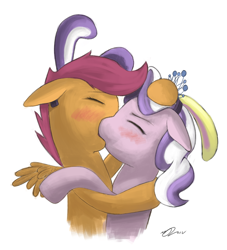 Size: 700x771 | Tagged: safe, artist:ninthsphere, diamond tiara, scootaloo, blushing, female, kissing, lesbian, scootiara, shipping