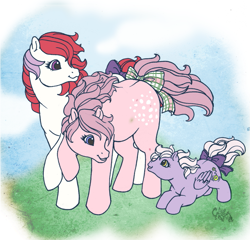 Size: 831x797 | Tagged: safe, artist:kuro-rakuen, derpibooru import, cotton candy (g1), moondancer (g1), pony, g1, baby, baby pony, baby yo-yo, bow, tail bow