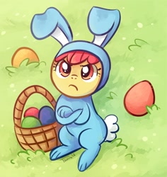 Size: 554x586 | Tagged: safe, artist:tsurime, derpibooru import, apple bloom, family appreciation day, adorabloom, apple bloom is not amused, bunny bloom, bunny costume, clothes, crossed hooves, cute, easter, easter egg, unamused