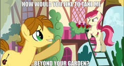 Size: 1280x686 | Tagged: safe, roseluck, oc, oc:mandopony, beyond her garden, caption, image macro, meme, picture perfect pony, rose, song reference, tactless mandopony