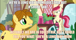 Size: 1280x686 | Tagged: safe, roseluck, oc, oc:mandopony, caption, image macro, meme, picture perfect pony, rose, song reference, tactless mandopony