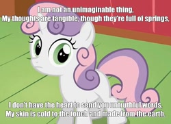 Size: 850x617 | Tagged: safe, edit, edited screencap, screencap, sweetie belle, sweetie bot, pony, robot, robot pony, unicorn, automatonic electronic harmonics, blank flank, female, filly, foal, hooves, horn, image macro, solo, song reference, steam powered giraffe, text