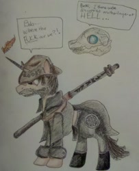 Size: 900x1108 | Tagged: safe, artist:fellangelserenity, oc, oc only, clothes, dresden files, hat, ponified, skull, traditional art