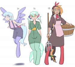 Size: 1800x1600 | Tagged: safe, artist:moronsonofboron, oc, oc only, oc:darcy, oc:hope, oc:tonbo, satyr, clothes, hair tie, jumpsuit, offspring, overalls, parent:big macintosh, parent:flitter, parent:lyra heartstrings, pitchfork