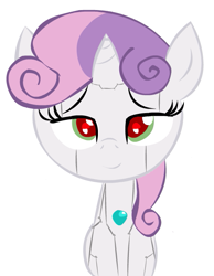 Size: 493x634 | Tagged: safe, artist:trolllightsparkle, derpibooru import, sweetie belle, sweetie bot, pony, robot, robot pony, unicorn, bedroom eyes, female, filly, foal, horn, looking at you, red eyes, simple background, smiling, solo, white background