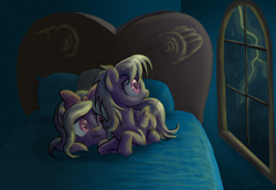 Size: 2400x1653 | Tagged: safe, artist:dawnmistpony, derpibooru import, cloudchaser, flitter, bed, lightning, scared