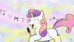 Size: 1600x900 | Tagged: safe, artist:tato-11, sweetie belle, pony, unicorn, eyes closed, female, filly, microphone, music notes, open mouth, singing