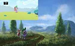 Size: 1280x800 | Tagged: safe, artist:moe, edit, spike, dragon, dragon quest, bindle, hilarious in hindsight, scene interpretation, scenery, tv rating