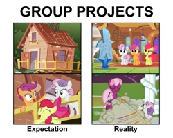 Size: 1200x960 | Tagged: safe, derpibooru import, edit, edited screencap, screencap, apple bloom, cheerilee, scootaloo, sweetie belle, stare master, the return of harmony, the show stoppers, clubhouse, crusaders clubhouse, cutie mark crusaders, expectation vs reality, fluttershy's cottage, truth