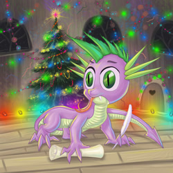 Size: 1280x1280 | Tagged: safe, artist:alexmakovsky, derpibooru import, spike, dragon, christmas lights, christmas tree, tree