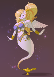 Size: 2112x3000 | Tagged: safe, artist:jungabeast, oc, oc only, oc:storm shield, anthro, pegasus, armpits, big breasts, bracelet, breasts, female, genie, gradient background, jewelry, lamp, monster mare, solo, sparkles, spread wings, waistband, wings