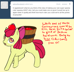 Size: 640x622 | Tagged: safe, artist:nessia, derpibooru import, apple bloom, apple, ask, barrel, solo, this apple bloom, tumblr