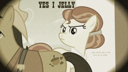 Size: 1440x810 | Tagged: safe, derpibooru import, edit, edited screencap, screencap, pokey oaks, sew 'n sow, family appreciation day, duo, granny smith's father, granny smith's mother, granny smith's parents, image macro, jelly, nose wrinkle, scrunchy face