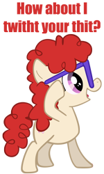 Size: 750x1250 | Tagged: safe, artist:ambits, twist, caption, filly, glasses, how about i slap your shit, image macro, meme, reaction image, simple background, transparent background, vulgar