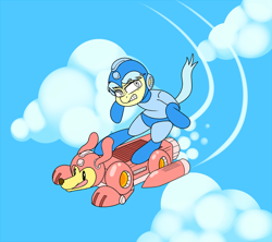 Size: 1280x1139 | Tagged: safe, artist:khorme, oc, oc only, oc:ultramare, dog, pony, bipedal, crossover, flying, megaman, mlpgdraws, parody, rush