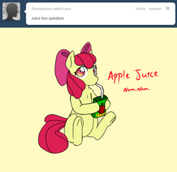 Size: 640x622 | Tagged: safe, artist:nessia, derpibooru import, apple bloom, ask, juice box, this apple bloom, tumblr