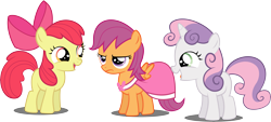 Size: 7214x3268 | Tagged: safe, artist:abion47, apple bloom, scootaloo, sweetie belle, absurd resolution, clothes, cutie mark crusaders, dress, laughing, picture perfect pony, scootaloo is not amused, simple background, transparent background, unamused, vector