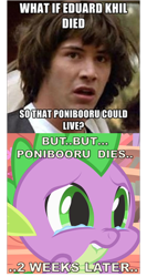 Size: 677x1277 | Tagged: safe, derpibooru import, spike, dragon, conspiracy keanu, exploitable meme, image macro, meme, photo, ponibooru, ponibooru memorial