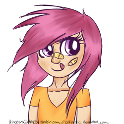 Size: 900x900 | Tagged: safe, artist:princesscadenza, derpibooru import, scootaloo, clothes, female, humanized, purple hair, solo