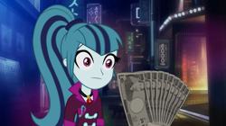 Size: 743x417 | Tagged: safe, edit, sonata dusk, equestria girls, rainbow rocks, exploitable meme, female, fistful of yen, meme, prostitution, solo, starenata