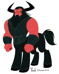 Size: 528x668 | Tagged: safe, artist:peachiekeenie, derpibooru import, lord tirek, tirac, centaur, ponytaur, taur, g1, antagonist, armor, claws, evil, fangs, g1 to g4, generation leap, golden eyes, hilarious in hindsight, horns, looking at you, redesign, shackles, signature, solo