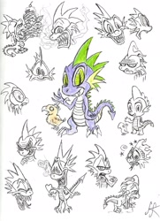 Size: 1568x2162 | Tagged: safe, artist:devilkais, derpibooru import, peewee, spike, dragon, facial expressions, sketch dump, traditional art