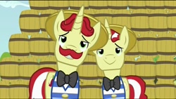 Size: 854x480 | Tagged: safe, derpibooru import, screencap, flam, flim, the super speedy cider squeezy 6000, flim flam brothers, lidded eyes, out of context