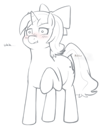 Size: 709x857 | Tagged: safe, artist:redintravenous, derpibooru import, oc, oc only, oc:red ribbon, pony, unicorn, bow, fart, fart noise, hair bow, horn, lineart, monochrome, raised hoof, solo, unicorn oc