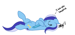 Size: 1244x581 | Tagged: safe, artist:fribox, derpibooru import, minuette, brushie, cargo ship, eyes closed, on back, shipping, solo, toothbrush