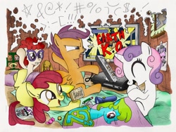 Size: 900x676 | Tagged: safe, artist:achfu, artist:lumdrop, derpibooru import, apple bloom, scootaloo, sweetie belle, twist, censored vulgarity, colored, cutie mark crusaders, flashlight (object), glasses, grawlixes, rage quit, sleepover, soap, video game