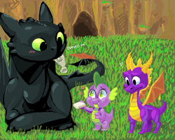 Size: 900x720 | Tagged: safe, artist:raiilynezz, spike, dragon, fish, crossover, eating, how to train your dragon, night fury, nom, spyro the dragon, toothless the dragon