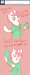 Size: 650x1600 | Tagged: safe, artist:shamrock, nurse redheart, prince blueblood, pony, ask nurse redheart, bipedal, clothes, comic, solo, stethoscope