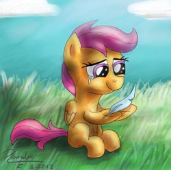 Size: 600x596 | Tagged: safe, artist:xanderreh, scootaloo, pegasus, pony, crying, feather, female, solo