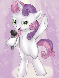 Size: 522x692 | Tagged: safe, artist:trojan-pony, derpibooru import, sweetie belle, pony, unicorn, bipedal, female, microphone, raised hoof, singing, solo