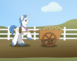 Size: 2500x2000 | Tagged: safe, artist:redquoz, fancypants, cart, cloud, fence, food, potato, solo