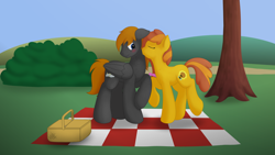 Size: 1600x900 | Tagged: safe, artist:redquoz, oc, oc only, oc:honey ella, oc:romance heart, earth pony, pegasus, pony, blushing, female, kissing, male, pair, picnic, picnic basket, request, romella, straight