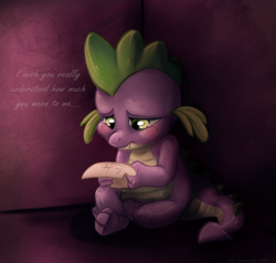 Size: 1024x975 | Tagged: safe, artist:aerosocks, derpibooru import, spike, dragon, crying, letter, reading, solo