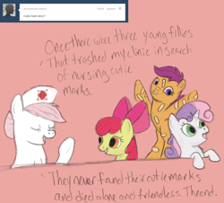 Size: 1144x1036 | Tagged: safe, artist:shamrock, apple bloom, nurse redheart, scootaloo, sweetie belle, ask, ask nurse redheart, cutie mark crusaders, tumblr