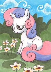 Size: 300x419 | Tagged: safe, artist:blightedangel, sweetie belle, pony, unicorn, female, filly, sad, traditional art, white coat