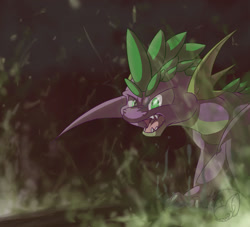 Size: 1631x1481 | Tagged: safe, artist:batlover800, derpibooru import, spike, dragon, fire, male, older, snarling, solo, wings