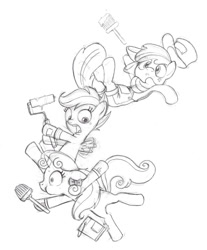 Size: 800x965 | Tagged: safe, artist:thezeo, apple bloom, scootaloo, sweetie belle, cutie mark crusaders, falling, monochrome, the three stooges