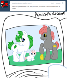 Size: 650x750 | Tagged: safe, artist:shamrock, nurse redheart, oc, ask, ask nurse redheart, female, filly, parent, tumblr, younger