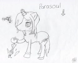 Size: 3002x2422 | Tagged: safe, artist:fluffysnail, derpibooru import, gun, krieg, parasoul, ponified, skullgirls