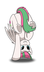 Size: 1024x1657 | Tagged: safe, artist:redquoz, blossomforth, pegasus, pony, atg 2017, flexible, handstand, newbie artist training grounds, simple background, smiling, solo, strategically covered, that pony sure is flexible, underhoof, upside down, white background