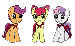 Size: 1024x633 | Tagged: safe, artist:redquoz, apple bloom, scootaloo, sweetie belle, pony, cape, clothes, cmc cape, cutie mark crusaders, looking at you, simple background, transparent background