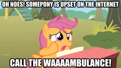 Size: 625x349 | Tagged: safe, derpibooru import, edit, edited screencap, screencap, scootaloo, the show stoppers, dialogue, image macro, reaction image, wambulance