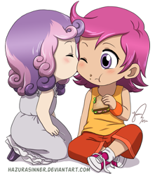 Size: 619x700 | Tagged: safe, artist:hazurasinner, derpibooru import, scootaloo, sweetie belle, chibi, clothes, dress, female, humanized, lesbian, sandwich, scootabelle, shipping, shoes, sneakers