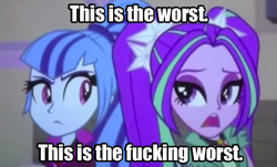 Size: 877x531 | Tagged: safe, edit, edited screencap, screencap, aria blaze, sonata dusk, equestria girls, rainbow rocks, best friend aria, caption, image macro, meme, two best friends play, vulgar