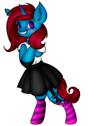 Size: 1446x2039 | Tagged: safe, artist:xcinnamon-twistx, oc, oc only, oc:cyan tone, pony, unicorn, bipedal, clothes, cute, female, garters, mare, moe, simple background, skirt, socks, solo, striped socks, transparent background