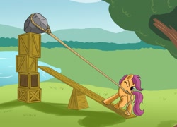 Size: 2892x2077 | Tagged: safe, artist:otakuap, scootaloo, crate, high res, pond, rock, rope, scootaloo can't fly, seesaw, solo, this will end in tears, water